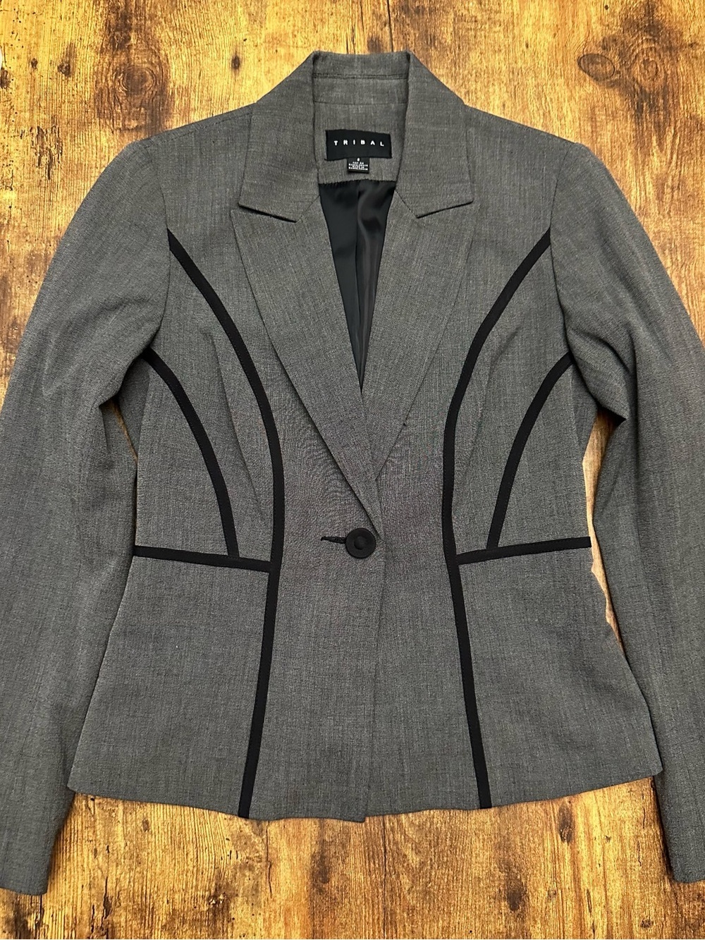 TRIBAL Women's Gray Blazer with Black Contrast Piping - 2